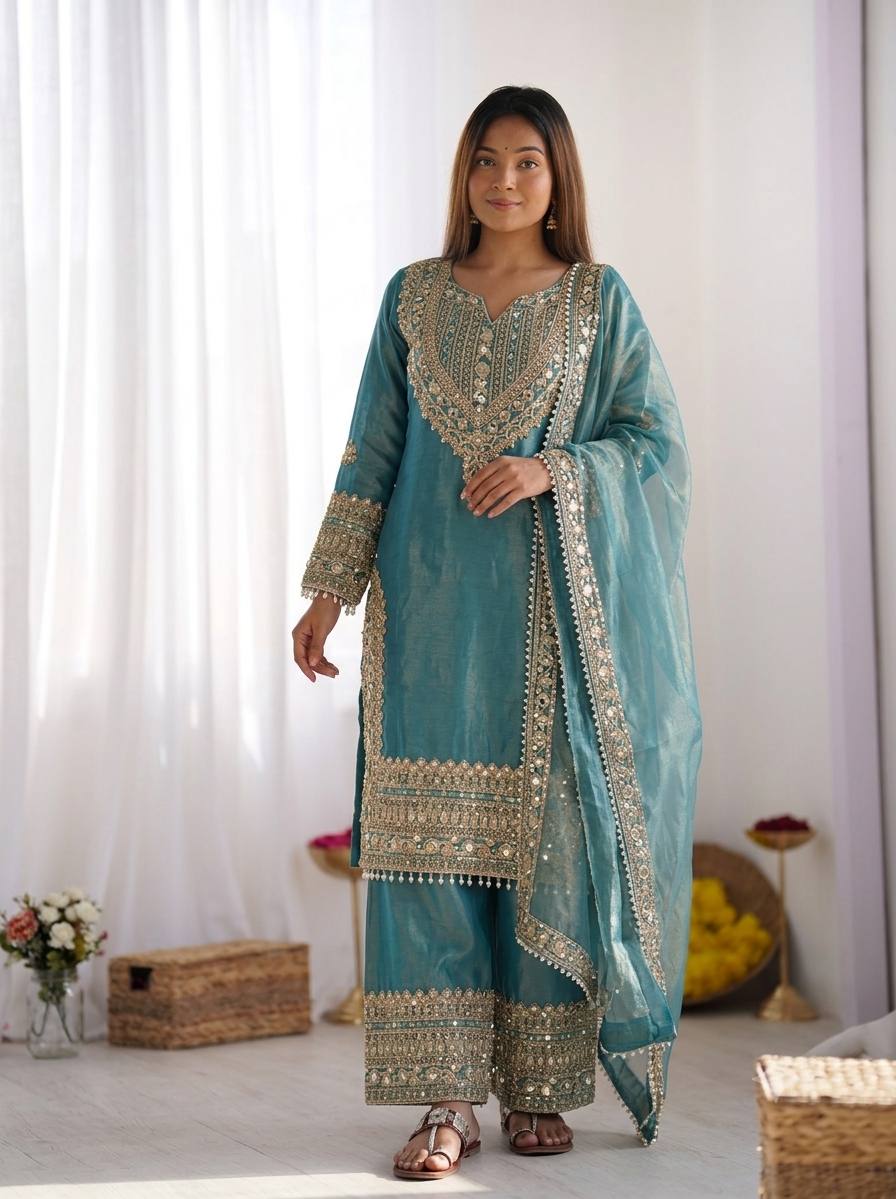 Teal Blue Embroidered Kurta Palazzo Set with Dupatta