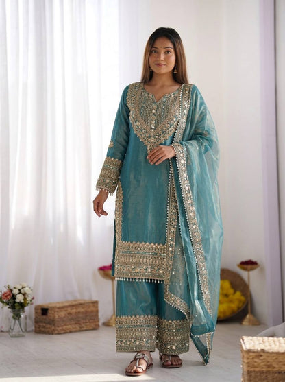 Teal Blue Embroidered Kurta Palazzo Set with Dupatta