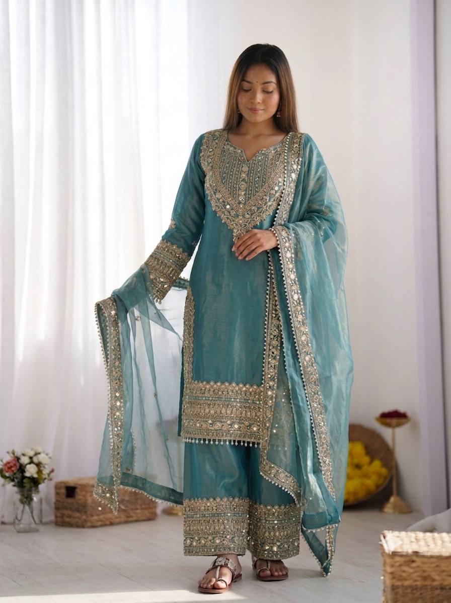 Teal Blue Embroidered Kurta Palazzo Set with Dupatta