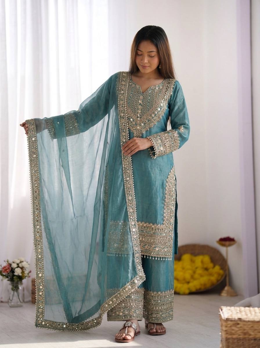 Teal Blue Embroidered Kurta Palazzo Set with Dupatta