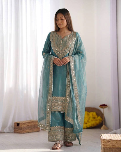 Teal Blue Embroidered Kurta Palazzo Set with Dupatta
