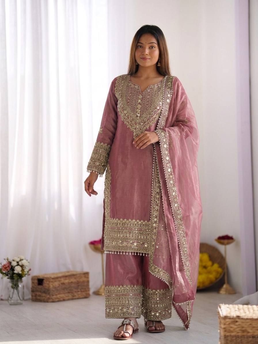 Dusty Rose Embroidered Kurta Palazzo Set with Dupatta