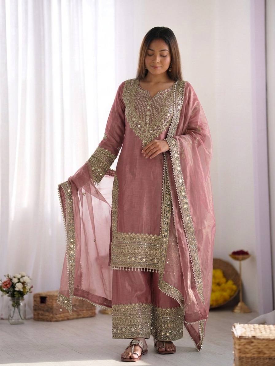 Dusty Rose Embroidered Kurta Palazzo Set with Dupatta
