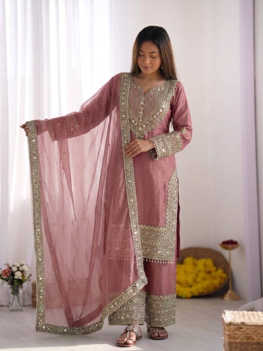 Dusty Rose Embroidered Kurta Palazzo Set with Dupatta