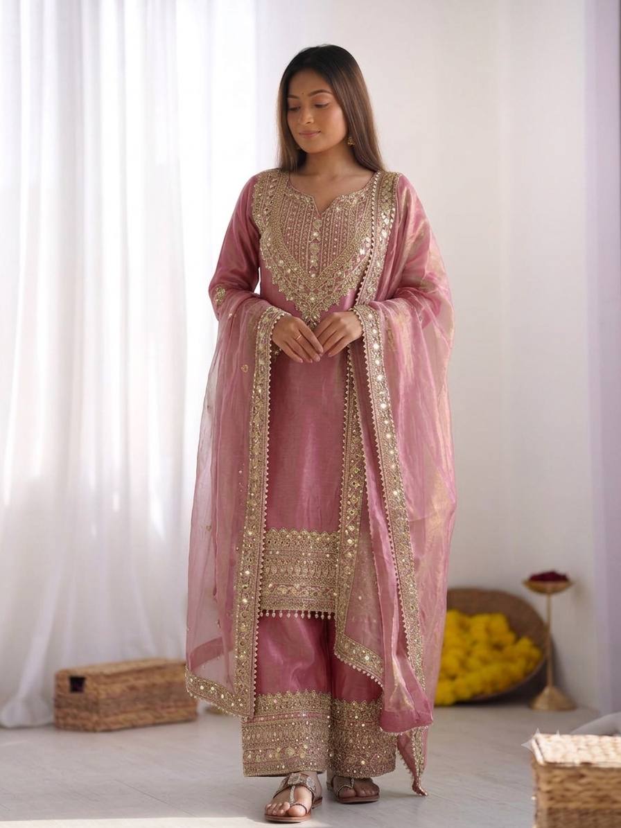 Dusty Rose Embroidered Kurta Palazzo Set with Dupatta