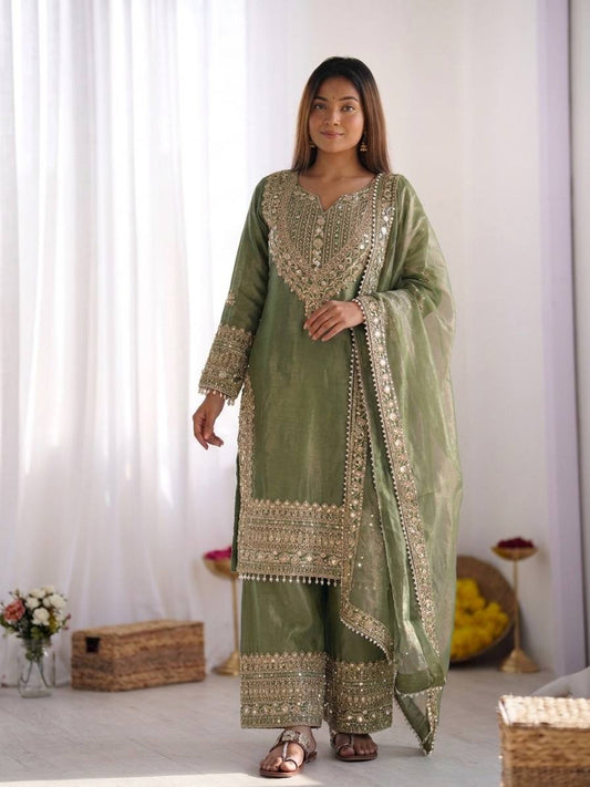 Olive Green Embroidered Kurta Palazzo Set with Dupatta