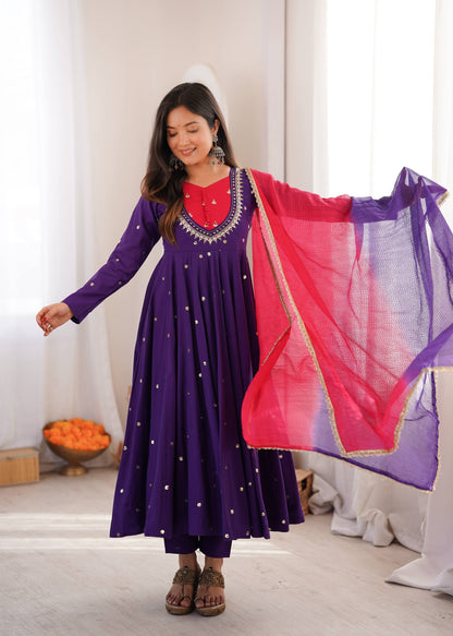 Royal Purple Flared Anarkali Set with Contrast Pink Dupatta