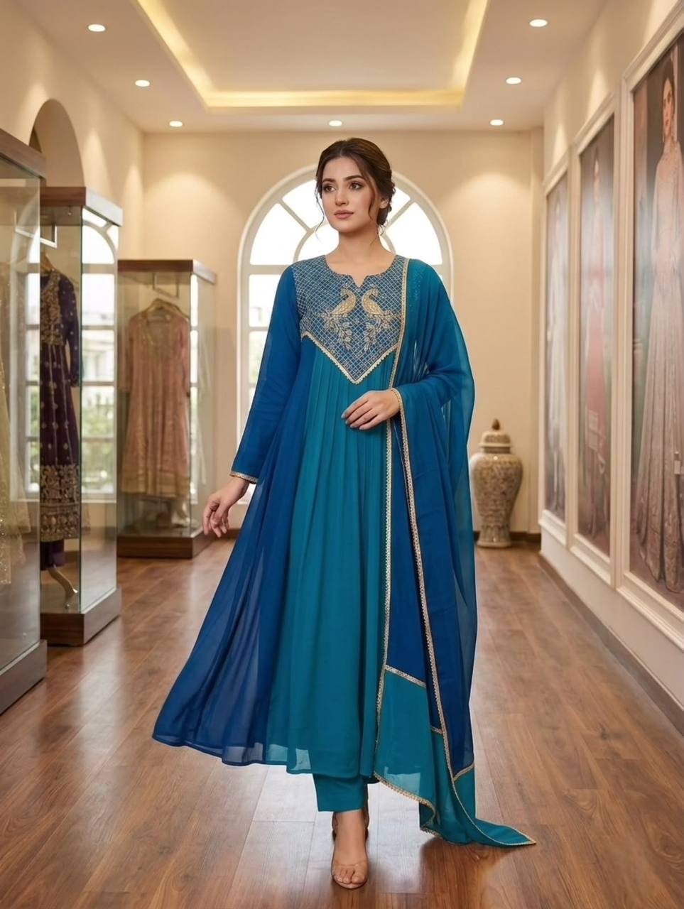 Royal Teal Peacock Embroidered Anarkali Kurta Set