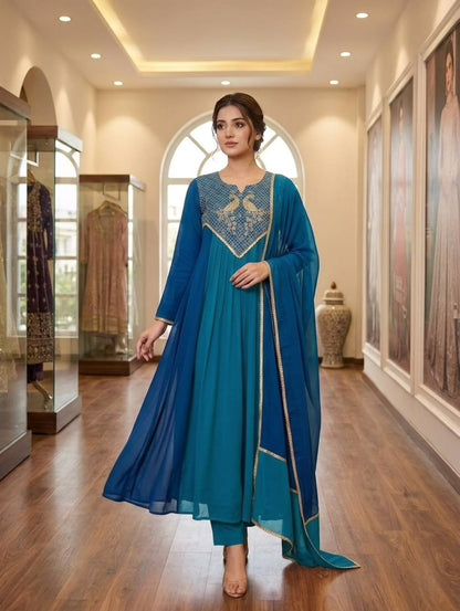 Royal Teal Peacock Embroidered Anarkali Kurta Set
