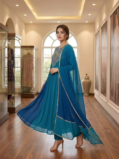 Royal Teal Peacock Embroidered Anarkali Kurta Set