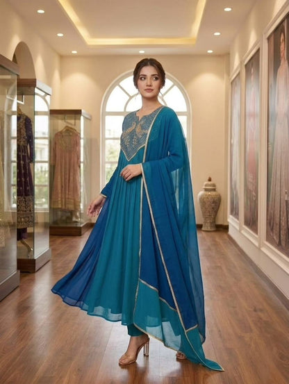 Royal Teal Peacock Embroidered Anarkali Kurta Set