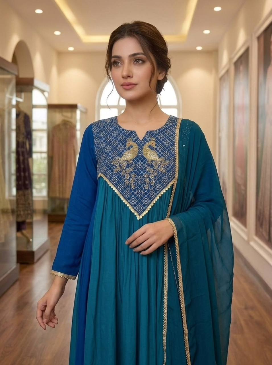 Royal Teal Peacock Embroidered Anarkali Kurta Set