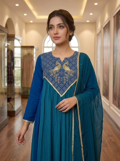 Royal Teal Peacock Embroidered Anarkali Kurta Set