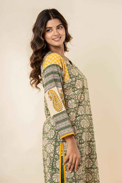 Women’s Printed Straight Kurta with Pants – Green & Mustard