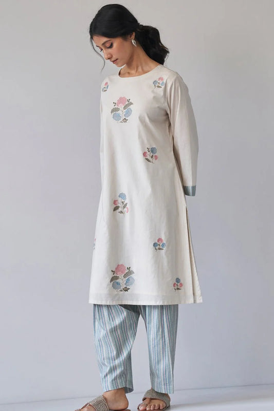 Embroidered Straight Kurta Set with Striped Pants