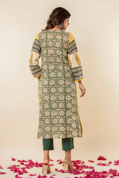 Women’s Printed Straight Kurta with Pants – Green & Mustard