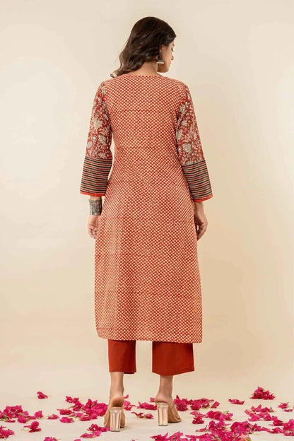 Women’s Printed Straight Kurta with Pants – Rust Orange