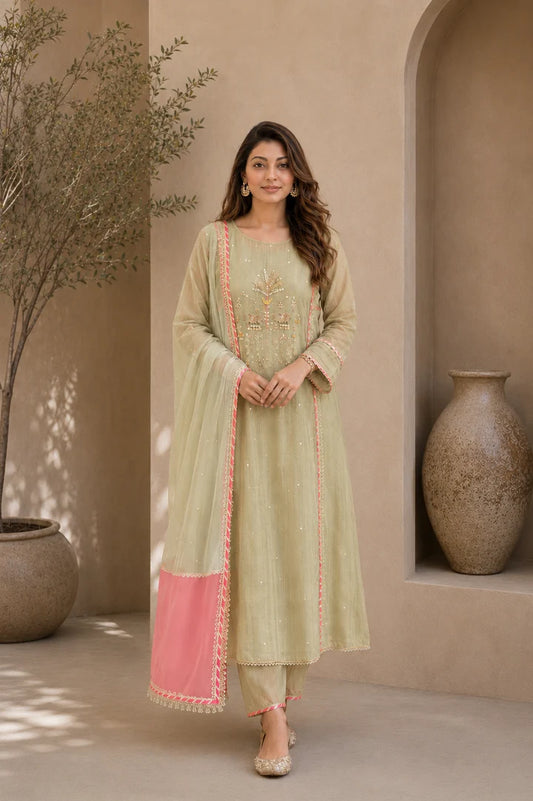 Meher Pista Bloom Embroidered Kurta Set
