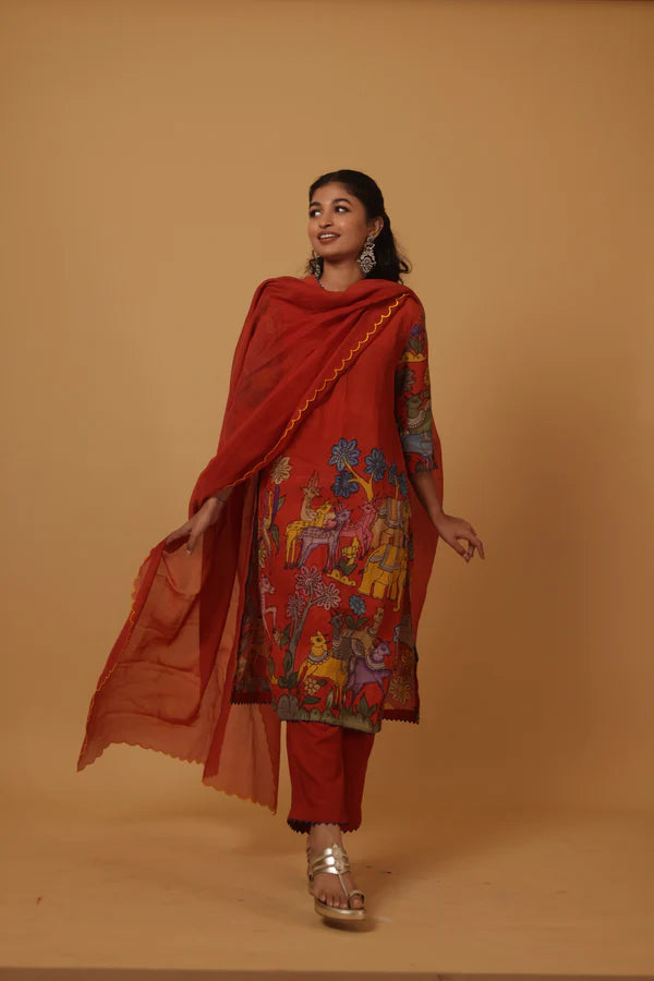 Ethnic Red Kurta Set with Vibrant Forest Folk Art Print