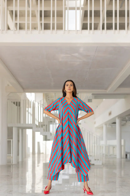 Striped Asymmetrical Kurta Set