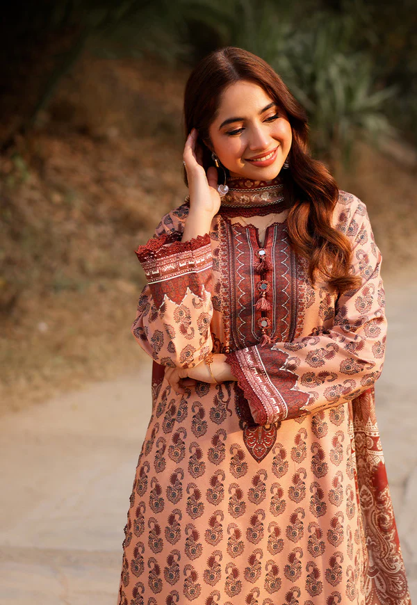 Peach & Maroon Printed Lawn Suit