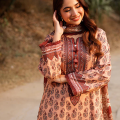Peach & Maroon Printed Lawn Suit