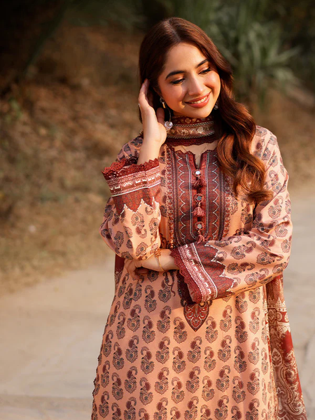 Peach & Maroon Printed Lawn Suit