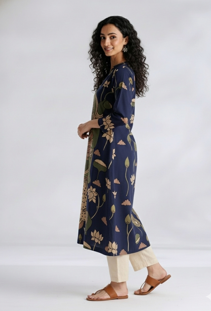Elegant Navy Blue Straight Kurta with Traditional Kalamkari Print