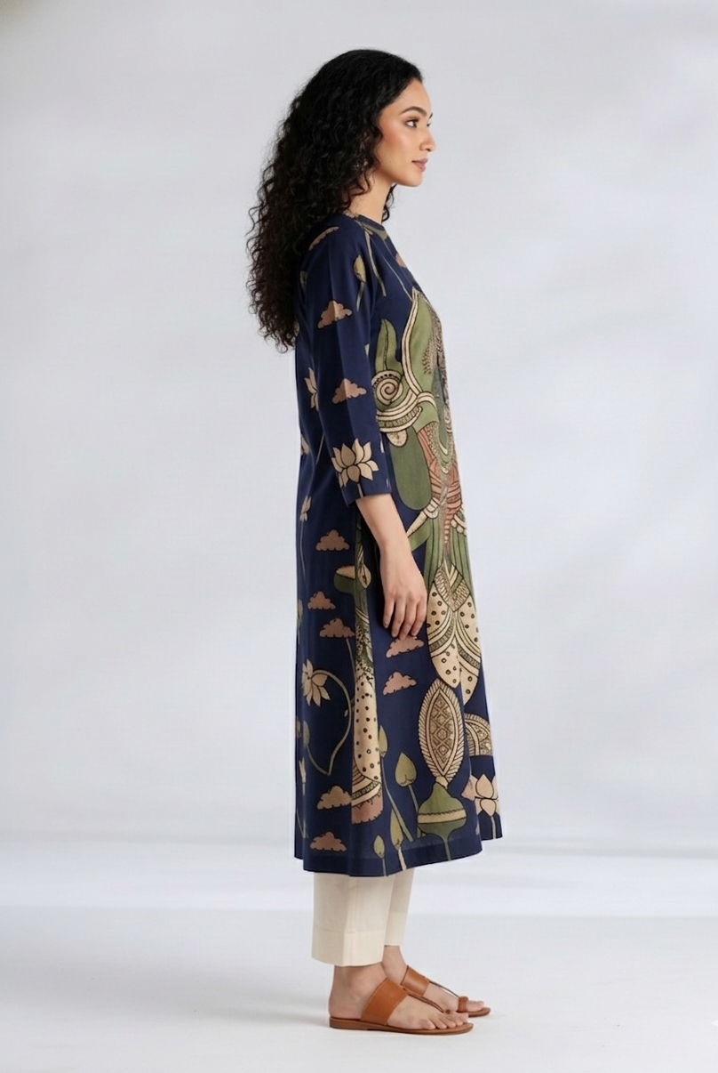 Elegant Navy Blue Straight Kurta with Traditional Kalamkari Print