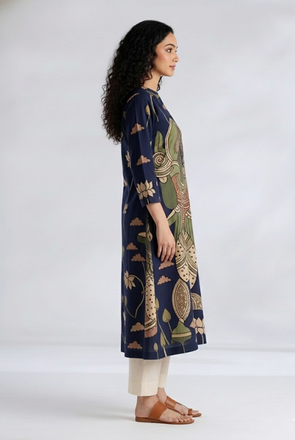 Elegant Navy Blue Straight Kurta with Traditional Kalamkari Print