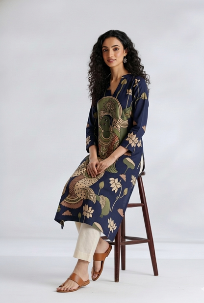 Elegant Navy Blue Straight Kurta with Traditional Kalamkari Print
