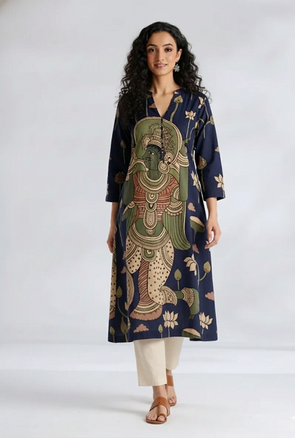 Elegant Navy Blue Straight Kurta with Traditional Kalamkari Print