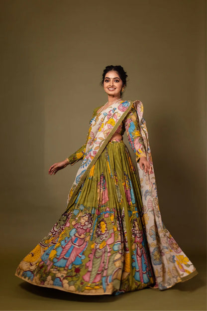 Green Kalmkari Lehenga set
