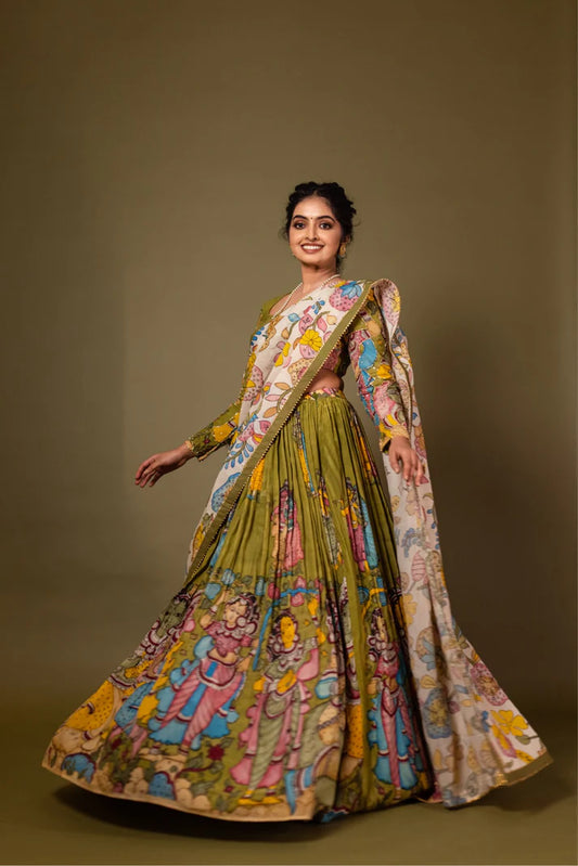 Green Kalmkari Lehenga set