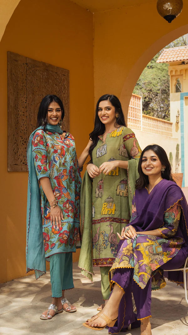 Olive Green Chinon Kurta Set with Elephant & Peacock Print