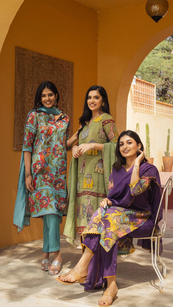 Olive Green Chinon Kurta Set with Elephant & Peacock Print