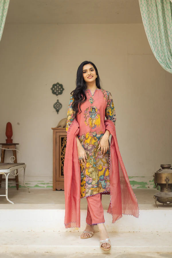 Kalamkari Cotton Kurta Set Pink with Floral Design with Coordinated Dupatta