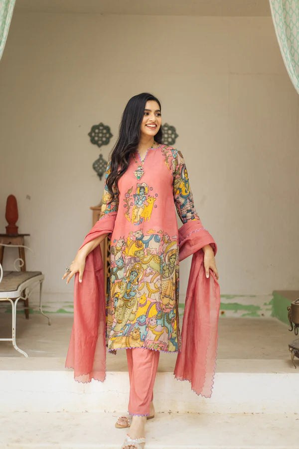 Kalamkari Cotton Kurta Set Pink with Floral Design with Coordinated Dupatta