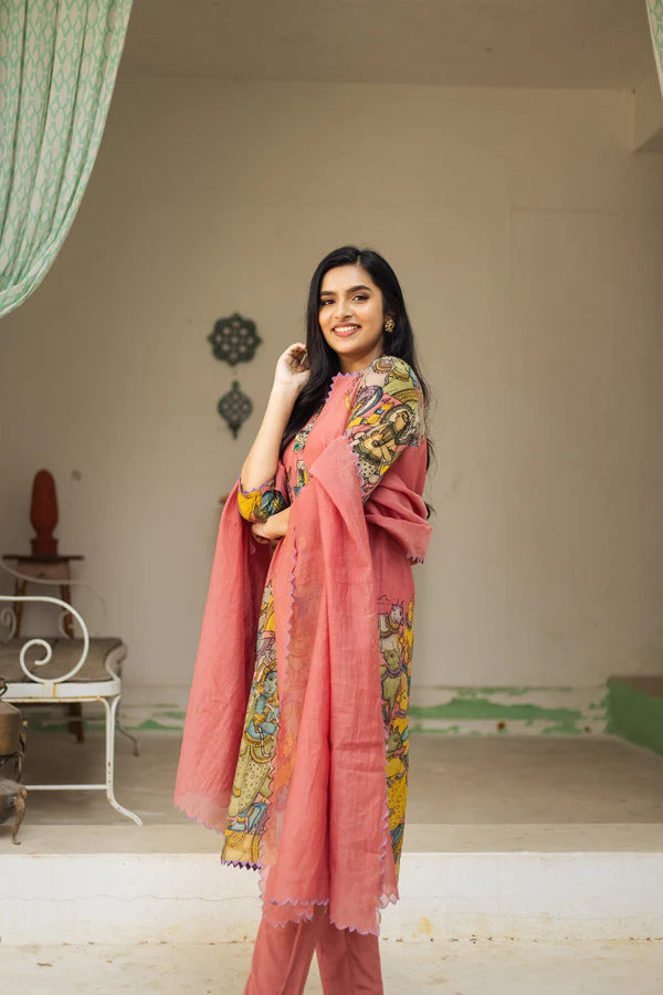 Kalamkari Cotton Kurta Set Pink with Floral Design with Coordinated Dupatta
