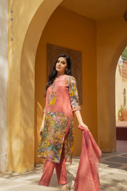 Kalamkari Cotton Kurta Set Pink with Floral Design with Coordinated Dupatta