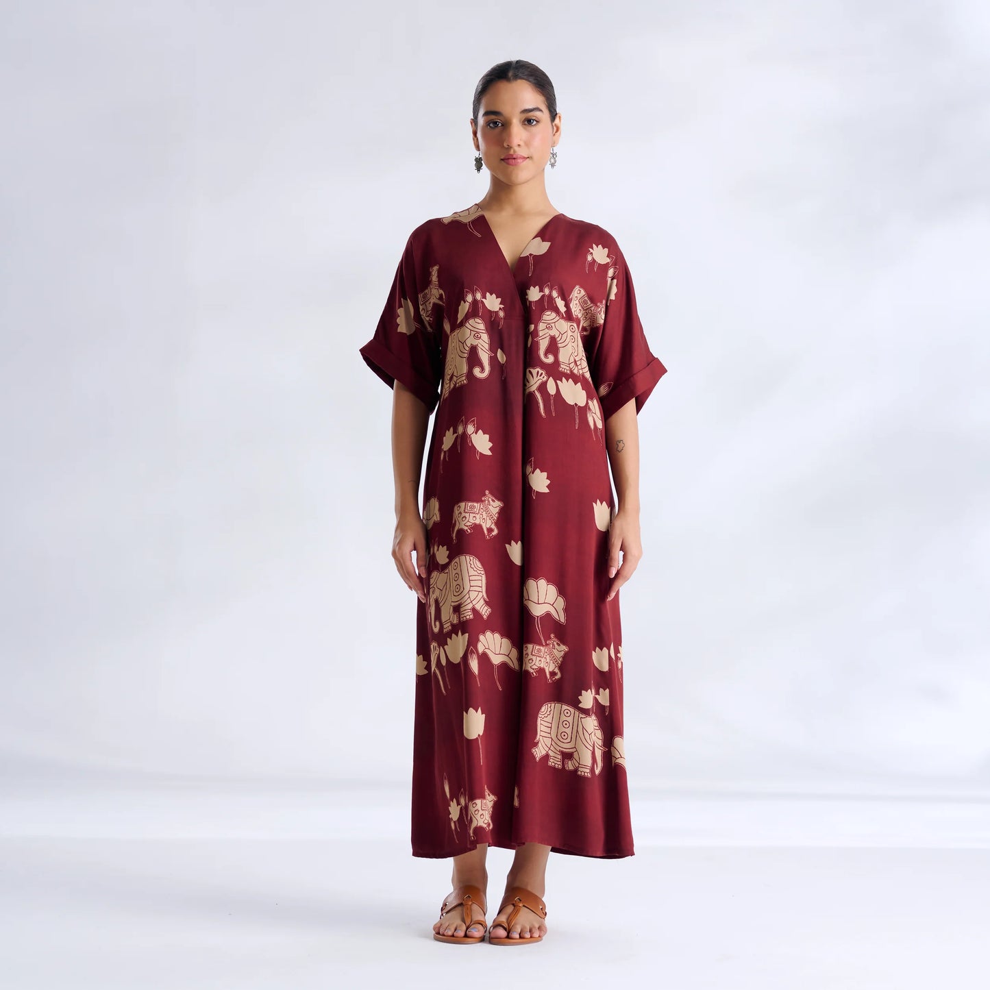 Maroon Elephant Print Kaftan Midi Dress
