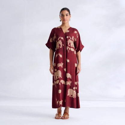 Maroon Elephant Print Kaftan Midi Dress