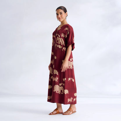 Maroon Elephant Print Kaftan Midi Dress