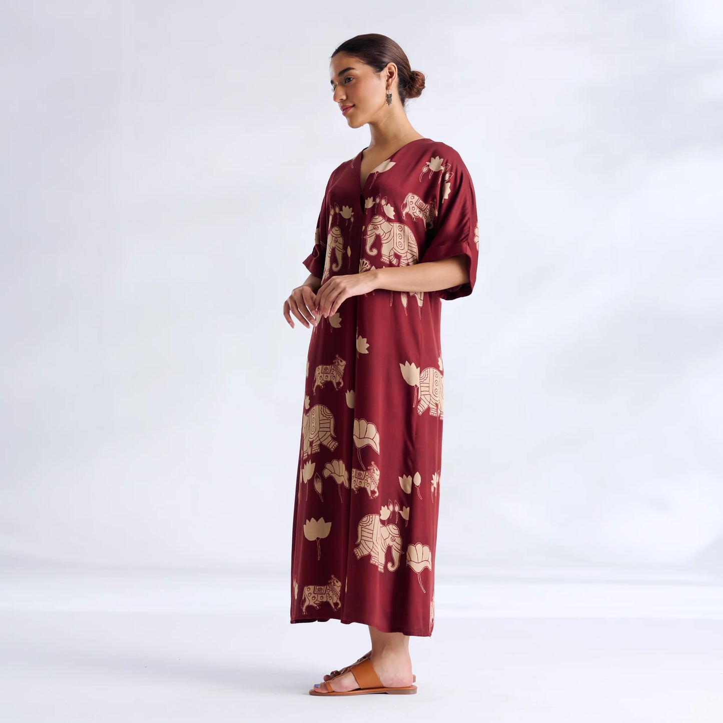 Maroon Elephant Print Kaftan Midi Dress