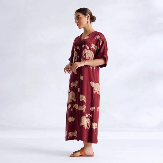Maroon Elephant Print Kaftan Midi Dress