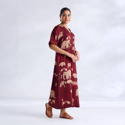 Maroon Elephant Print Kaftan Midi Dress