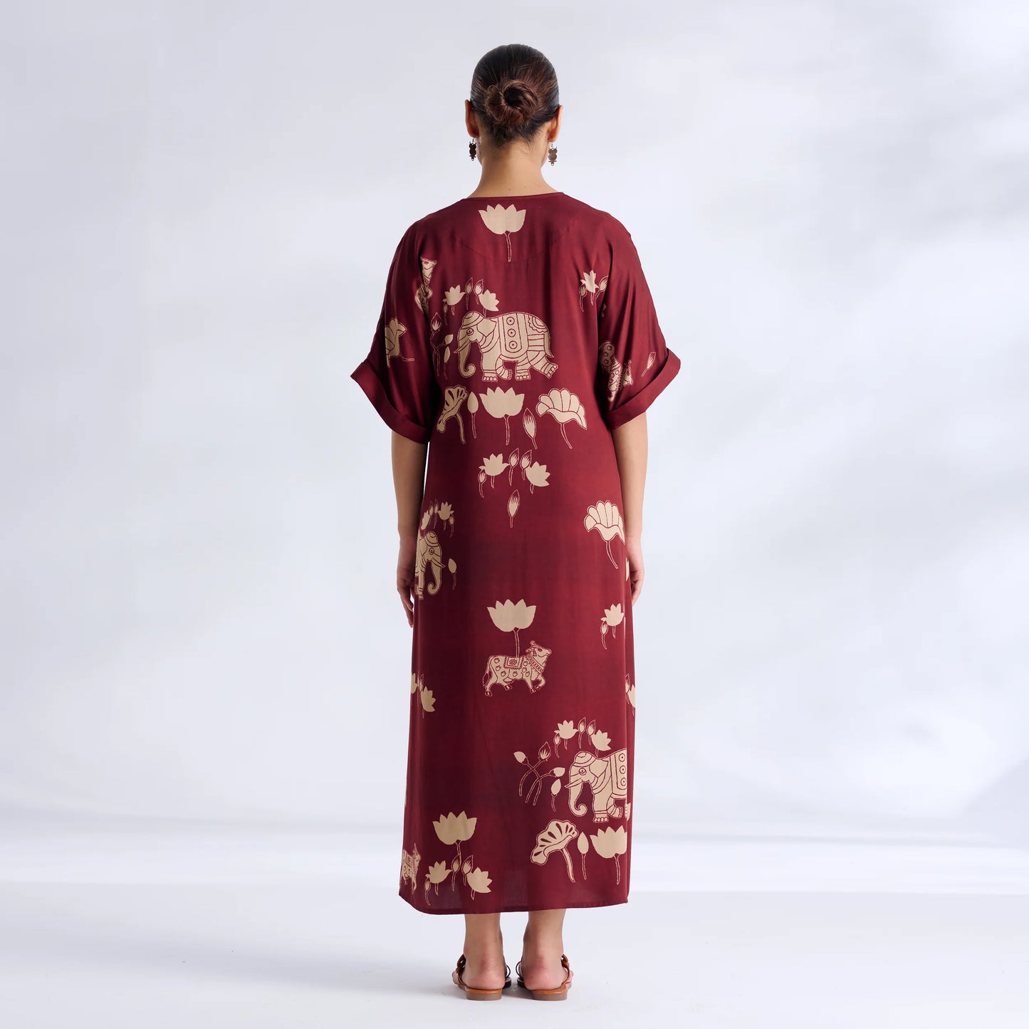 Maroon Elephant Print Kaftan Midi Dress