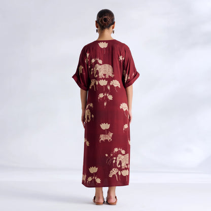 Maroon Elephant Print Kaftan Midi Dress