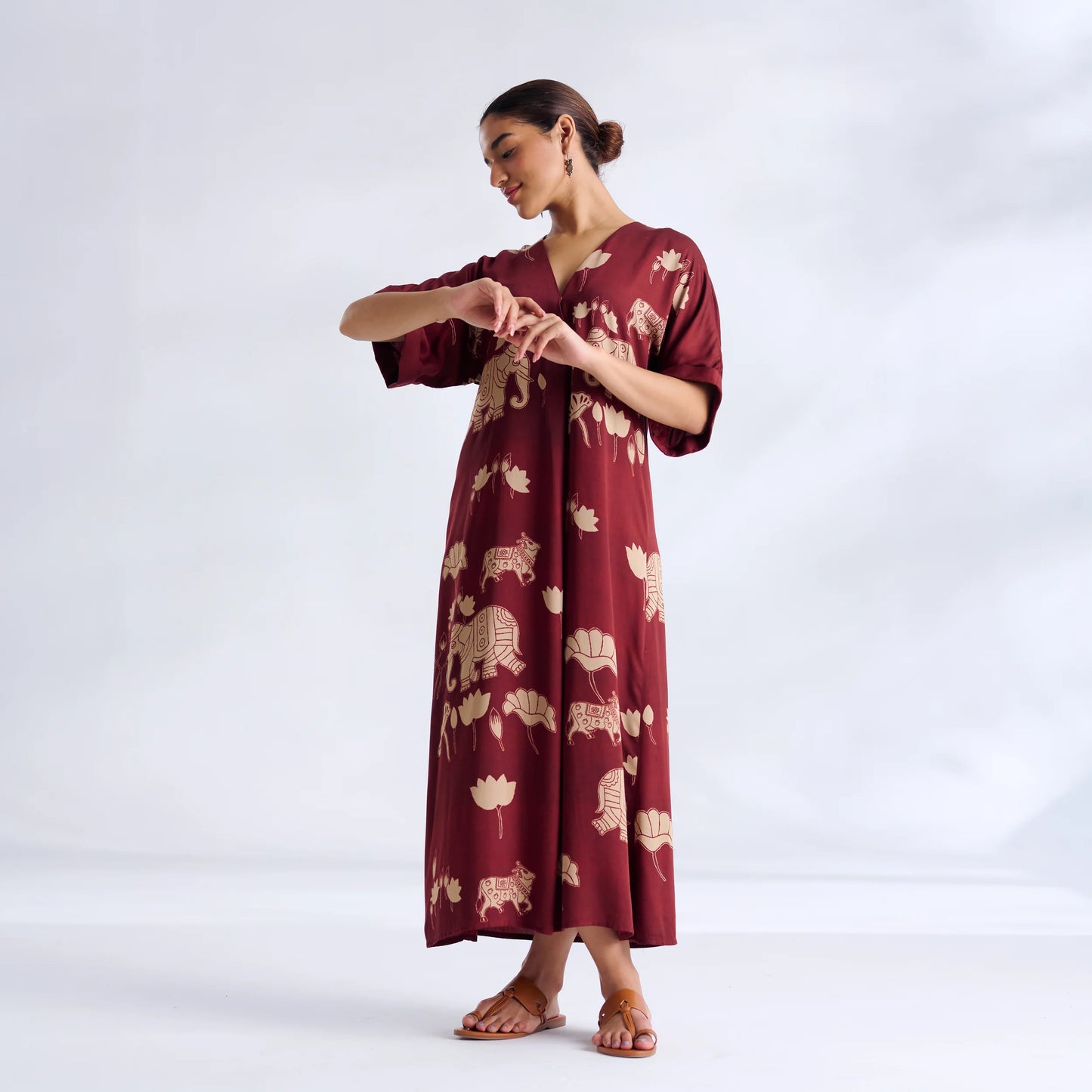 Maroon Elephant Print Kaftan Midi Dress
