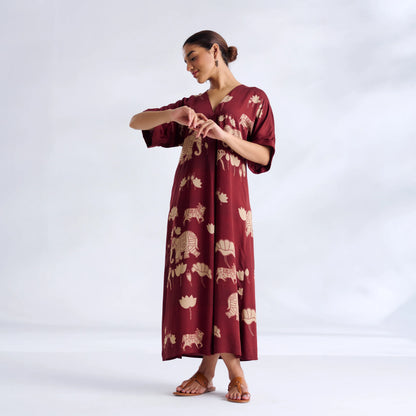 Maroon Elephant Print Kaftan Midi Dress